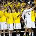 Michigan freshman Mitch McGary and team celebrate a three-pointer in the second half of the game against Binghamton on Tuesday. Michigan won 67-39. Daniel Brenner I AnnArbor.com